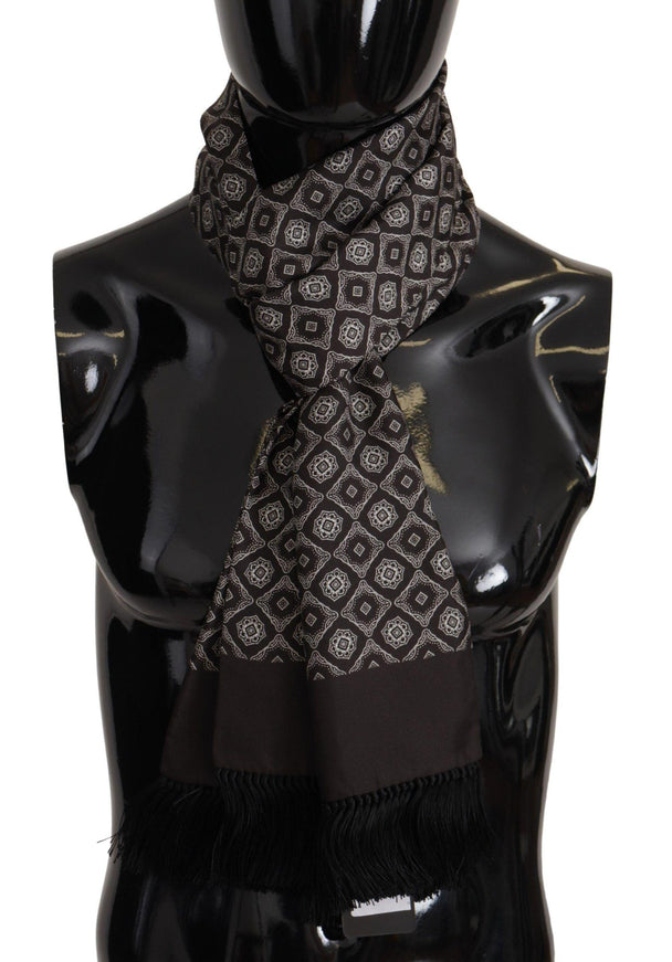 Dolce & Gabbana Black Silk Geometric Logo Print Shawl Fringe Scarf - Ellie Belle