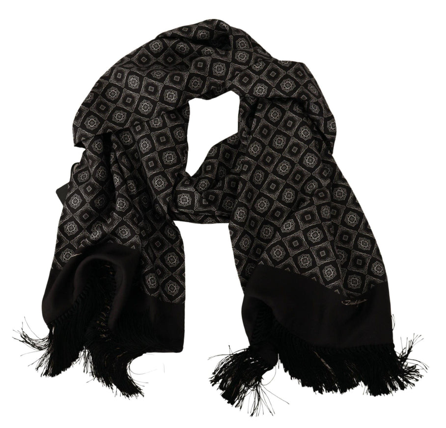 Dolce & Gabbana Black Silk Geometric Logo Print Shawl Fringe Scarf - Ellie Belle