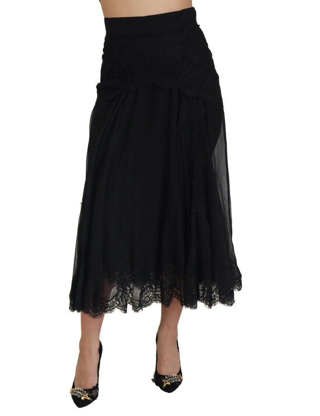 Dolce & Gabbana Black Silk Lace Trim High Waist Midi Skirt - Ellie Belle