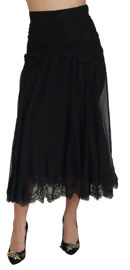 Dolce & Gabbana Black Silk Lace Trim High Waist Midi Skirt - Ellie Belle