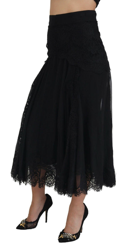 Dolce & Gabbana Black Silk Lace Trim High Waist Midi Skirt - Ellie Belle