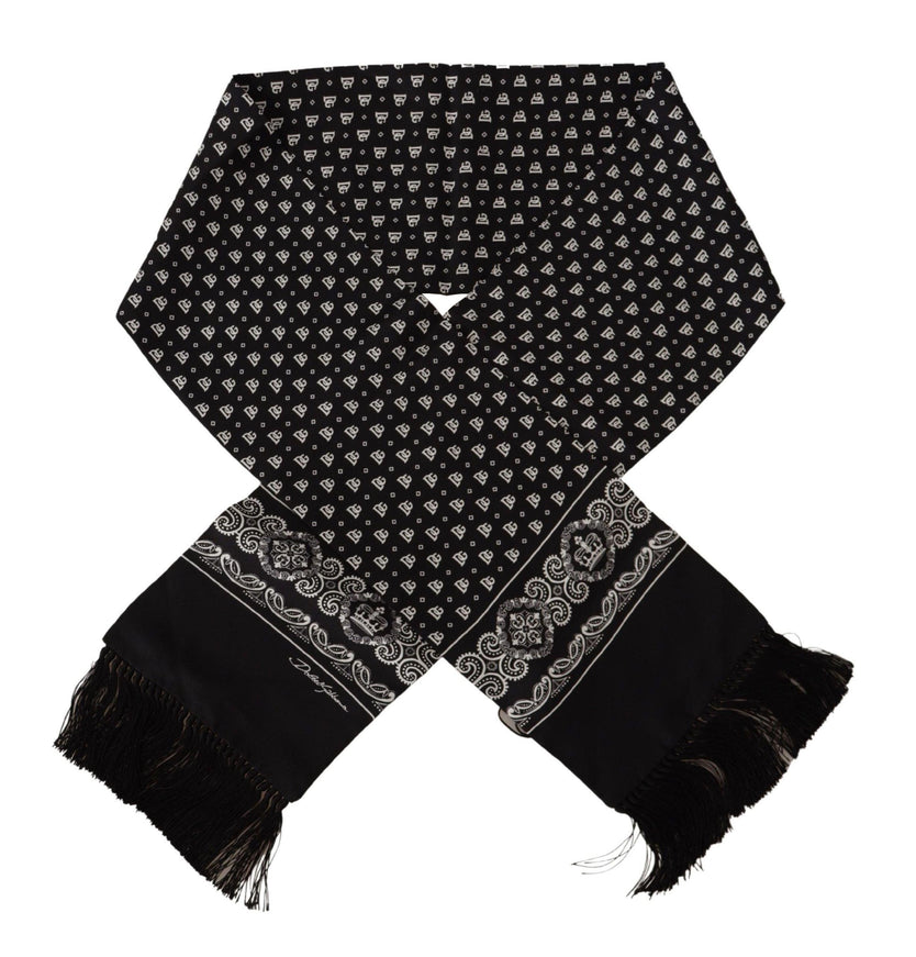 Dolce & Gabbana Black Silk Logo Crown Neck Wrap Shawl Fringe Scarf - Ellie Belle