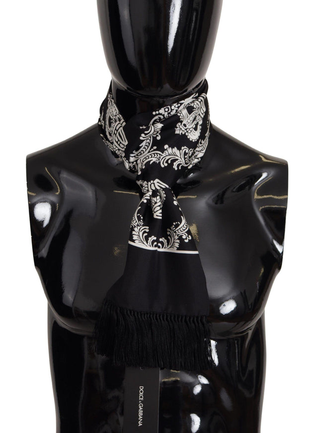 Dolce & Gabbana Black Silk Royal Crown Print Logo Shawl Fringe Scarf - Ellie Belle