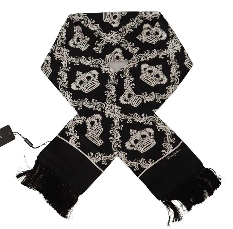 Dolce & Gabbana Black Silk Royal Crown Print Logo Shawl Fringe Scarf - Ellie Belle