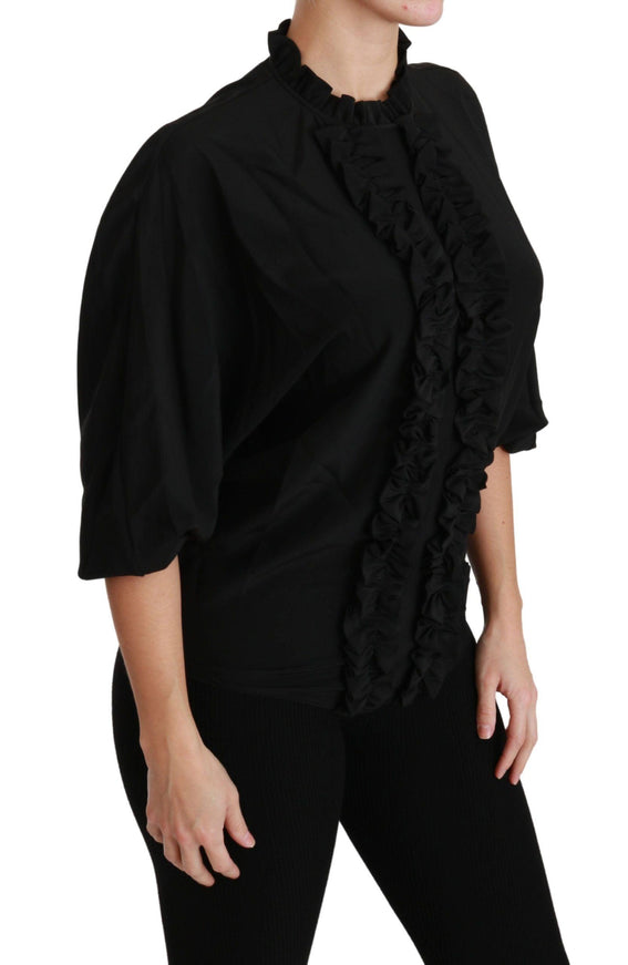 Dolce & Gabbana Black Silk Shirt Ruffled Top Blouse