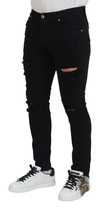 Dolce & Gabbana Black Slim Fit Tattered Denim Cotton Jeans - Ellie Belle