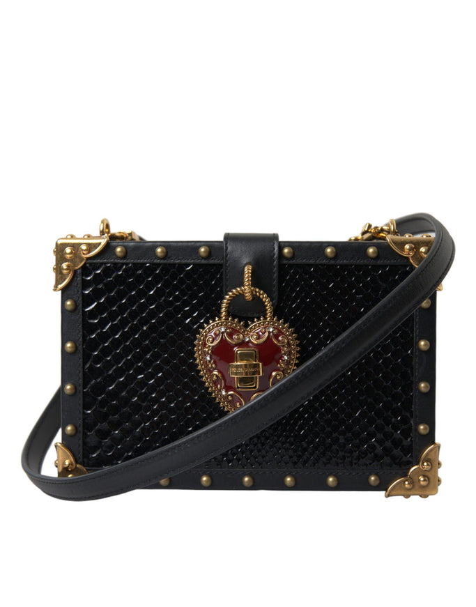 Dolce & Gabbana Black Snakeskin Leather Gold HEART Studs Box Shoulder Clutch Bag - Ellie Belle