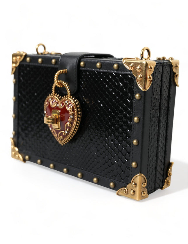 Dolce & Gabbana Black Snakeskin Leather Gold HEART Studs Box Shoulder Clutch Bag - Ellie Belle