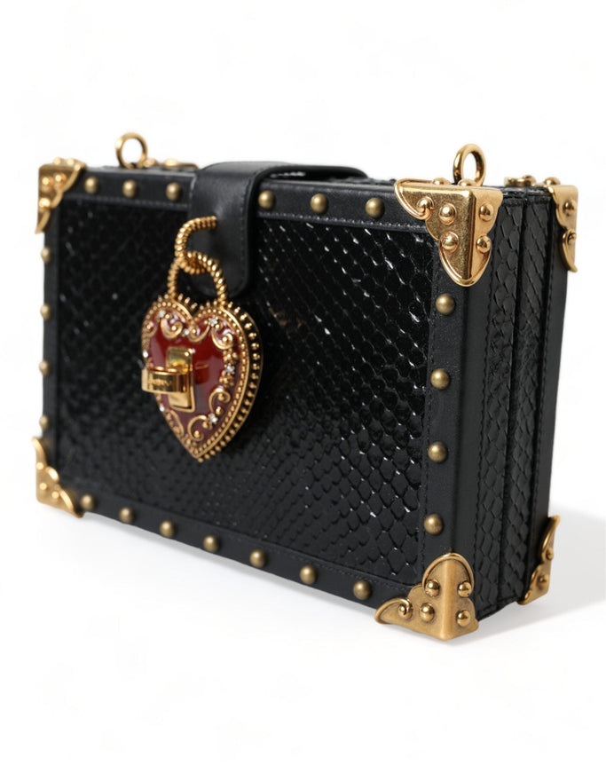 Dolce & Gabbana Black Snakeskin Leather Gold HEART Studs Box Shoulder Clutch Bag - Ellie Belle