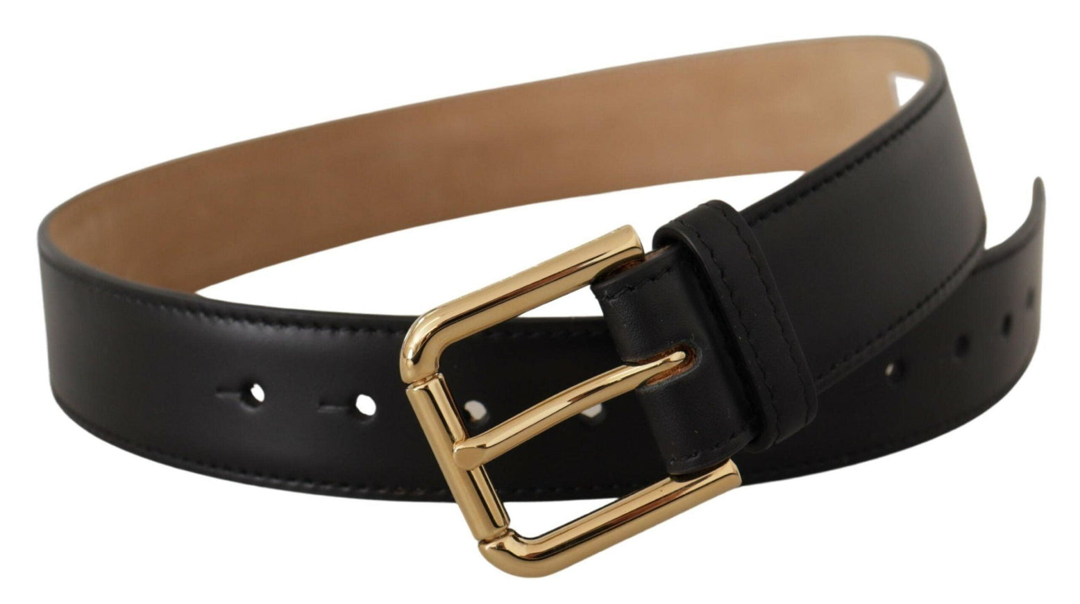 Dolce & Gabbana Black Solid Leather Classic Gold Waist Buckle Belt - Ellie Belle