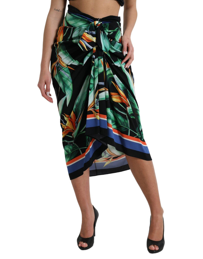 Dolce & Gabbana Black Strelitzia High Waist Wrap Midi Skirt - Ellie Belle