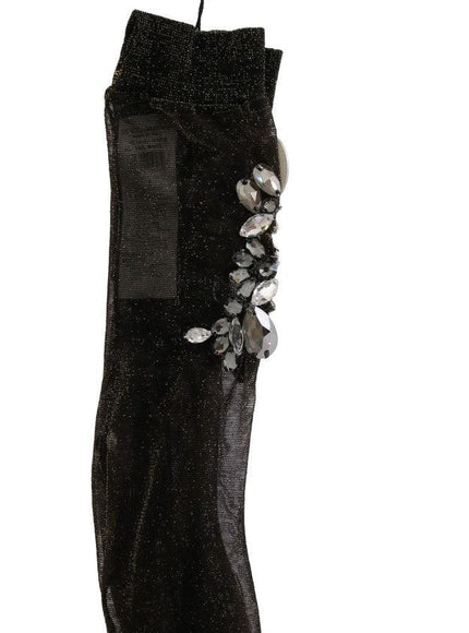 Dolce & Gabbana Black Stretch Floral Clear Crystal Socks - Ellie Belle