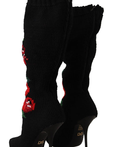 Dolce & Gabbana Black Stretch Socks Red Roses Booties Shoes - Ellie Belle