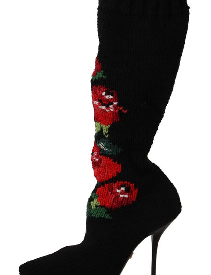 Dolce & Gabbana Black Stretch Socks Red Roses Booties Shoes - Ellie Belle