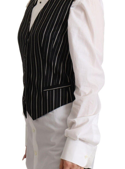 Dolce & Gabbana Black Stripes Wool V-neck Sleeveless Button Vest Top - Ellie Belle