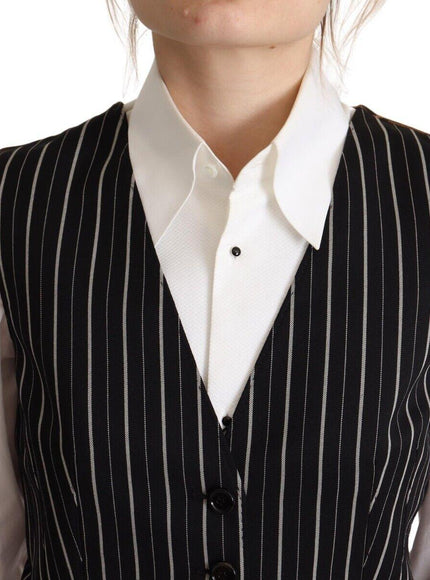 Dolce & Gabbana Black Stripes Wool V-neck Sleeveless Button Vest Top - Ellie Belle