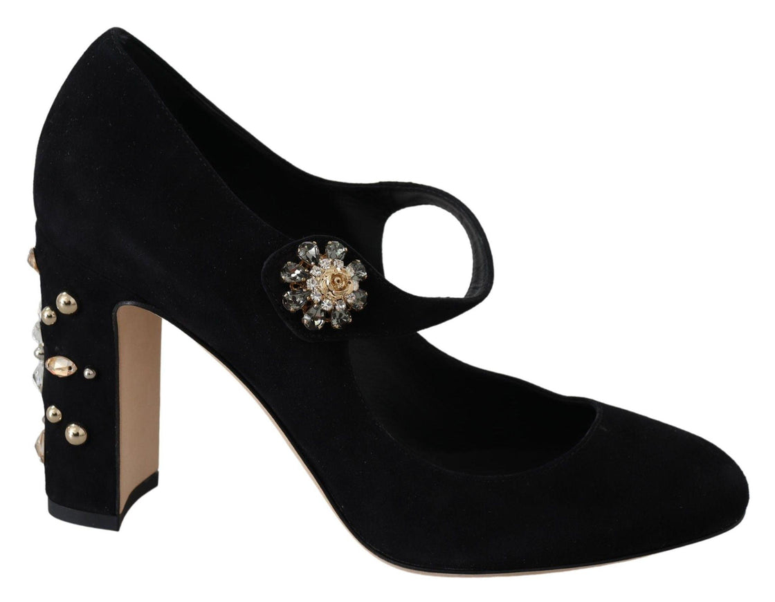 Dolce & Gabbana Black Suede Crystal Heels Mary Jane Shoes - Ellie Belle