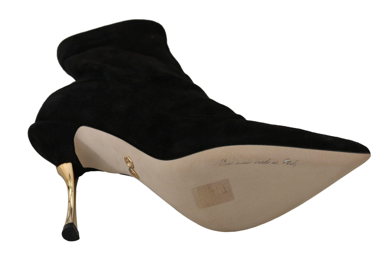 Dolce & Gabbana Black Suede Gold Heels Ankle Boots Shoes - Ellie Belle