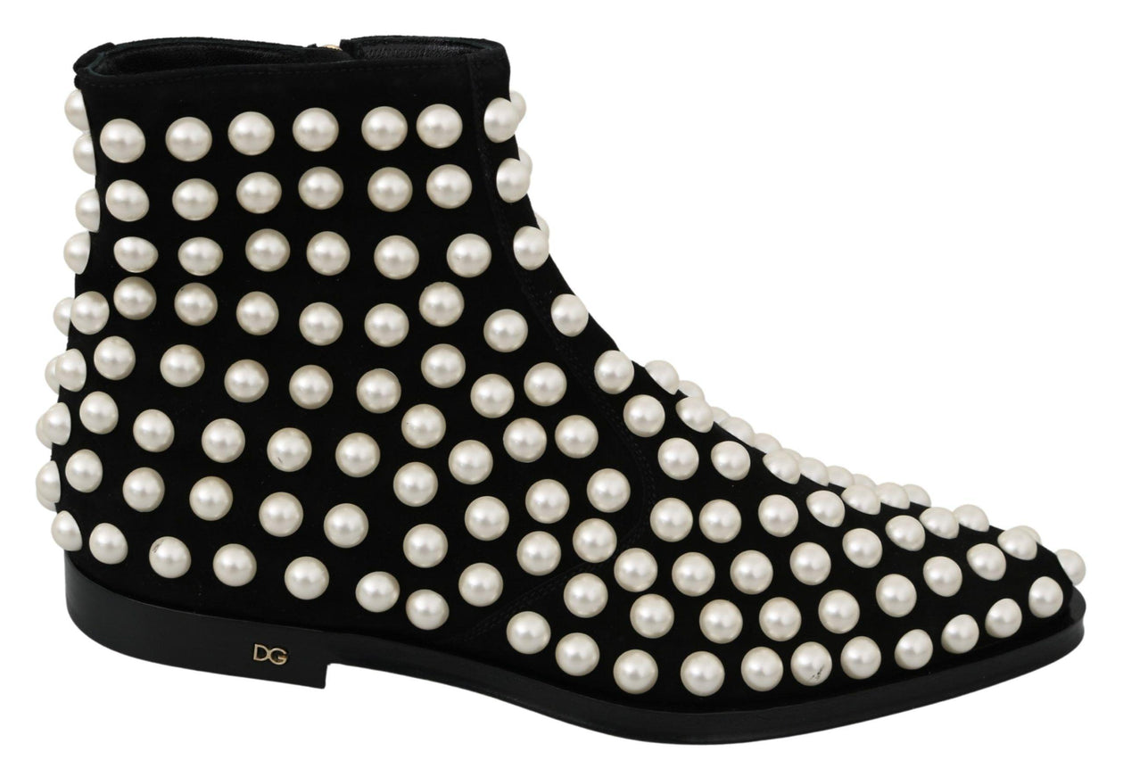 Dolce & Gabbana Black Suede Pearl Studs Boots Shoes - Ellie Belle