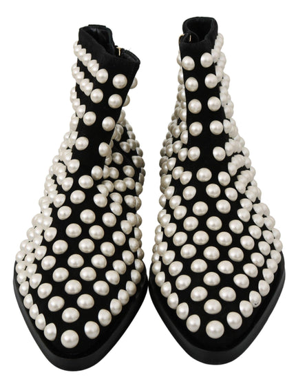 Dolce & Gabbana Black Suede Pearl Studs Boots Shoes - Ellie Belle