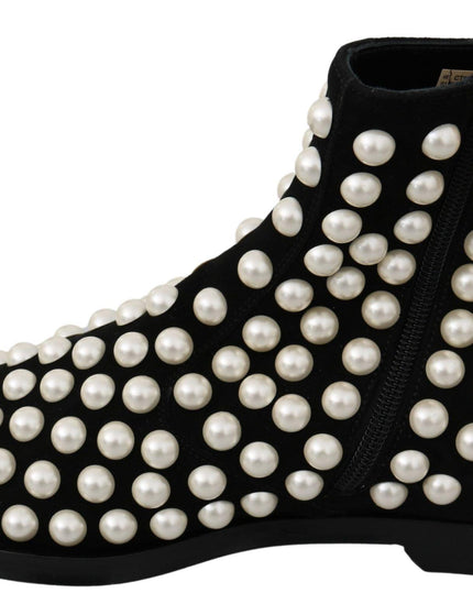 Dolce & Gabbana Black Suede Pearl Studs Boots Shoes - Ellie Belle