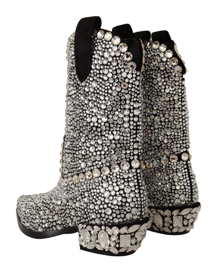 Dolce & Gabbana Black Suede Strass Crystal Cowgirl Boots - Ellie Belle