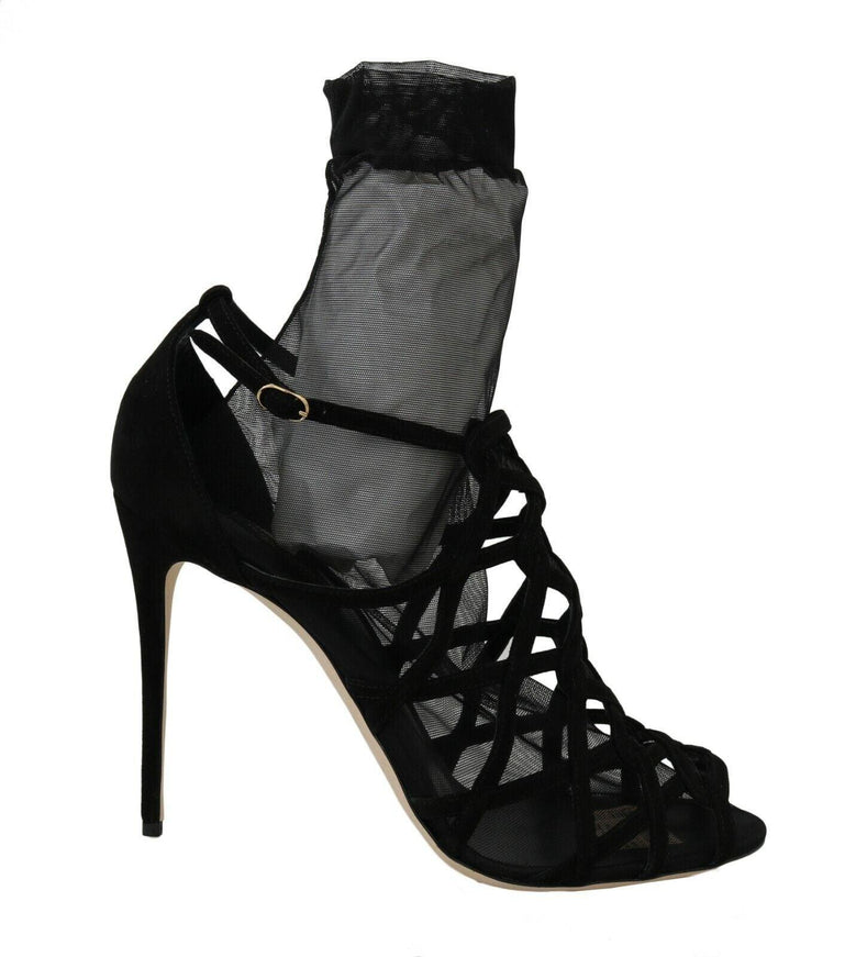 Dolce & Gabbana Black Suede Tulle Ankle Boots Sandal Shoes - Ellie Belle