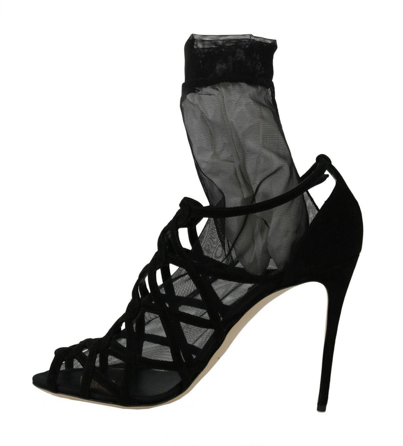 Dolce & Gabbana Black Suede Tulle Ankle Boots Sandal Shoes - Ellie Belle