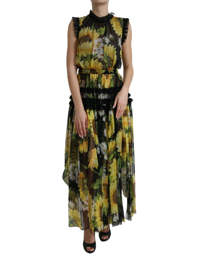 Dolce & Gabbana Black Sunflower A-line Pleated Maxi Dress - Ellie Belle