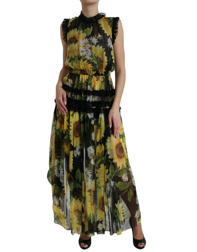 Dolce & Gabbana Black Sunflower A-line Pleated Maxi Dress - Ellie Belle