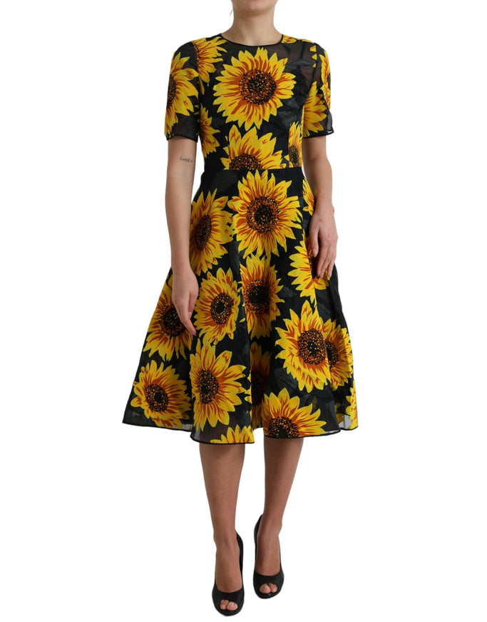 Dolce & Gabbana Black Sunflower Print Nylon A-line Midi Dress - Ellie Belle