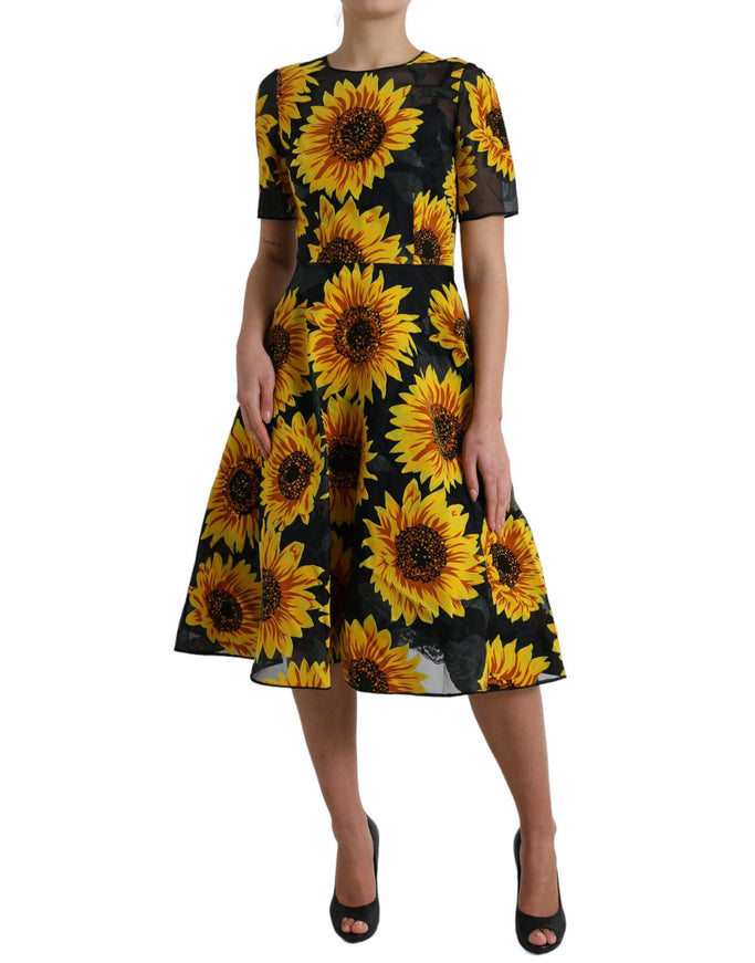 Dolce & Gabbana Black Sunflower Print Nylon A-line Midi Dress - Ellie Belle