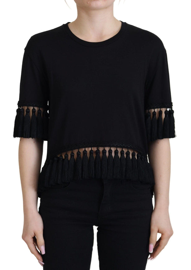 Dolce & Gabbana Black T-shirt Blouse Tassle Cotton Blouse - Ellie Belle