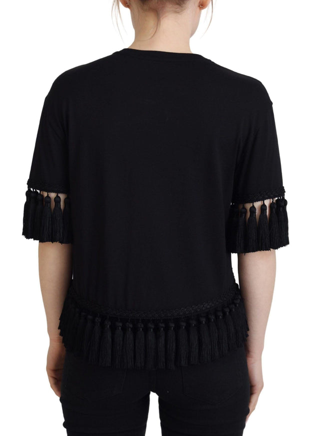 Dolce & Gabbana Black T-shirt Blouse Tassle Cotton Blouse - Ellie Belle