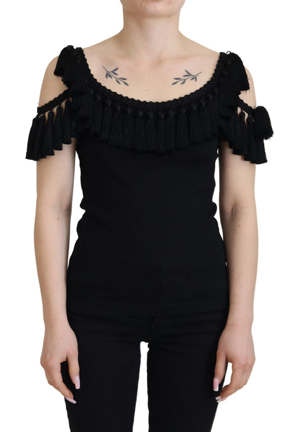 Dolce & Gabbana Black Tank Top Blouse Tassle Cotton Blouse - Ellie Belle