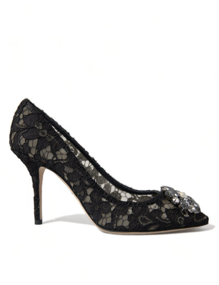Dolce & Gabbana Black Taormina Lace Crystal Heels Pumps Shoes - Ellie Belle