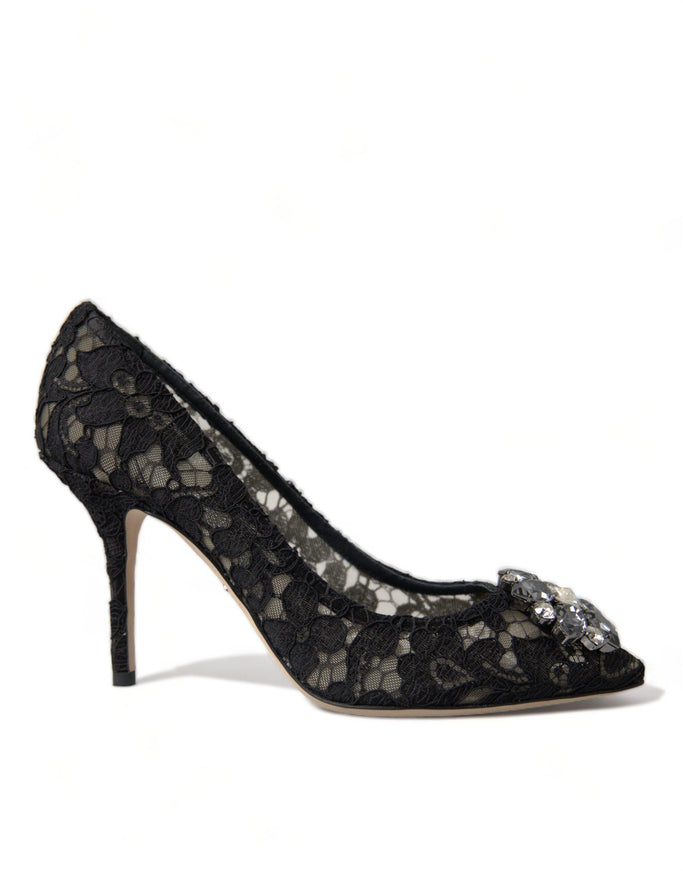 Dolce & Gabbana Black Taormina Lace Crystal Heels Pumps Shoes - Ellie Belle