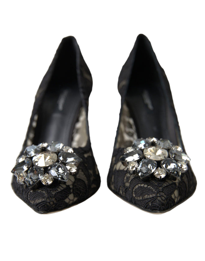 Dolce & Gabbana Black Taormina Lace Crystal Heels Pumps Shoes - Ellie Belle