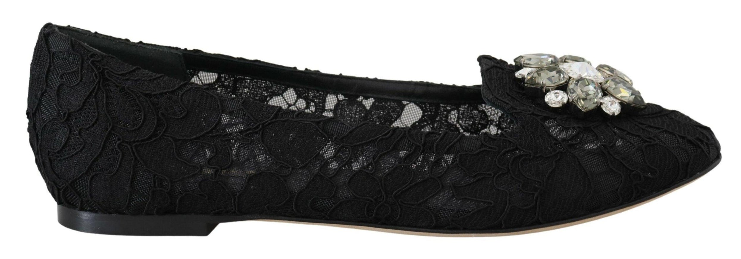 Dolce & Gabbana Black Taormina Lace Crystals Flats Shoes - Ellie Belle