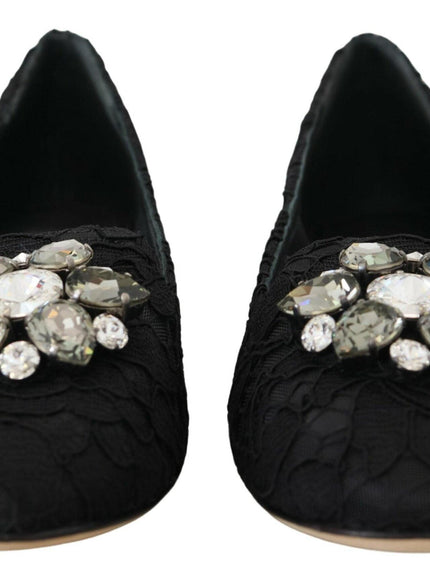 Dolce & Gabbana Black Taormina Lace Crystals Flats Shoes - Ellie Belle