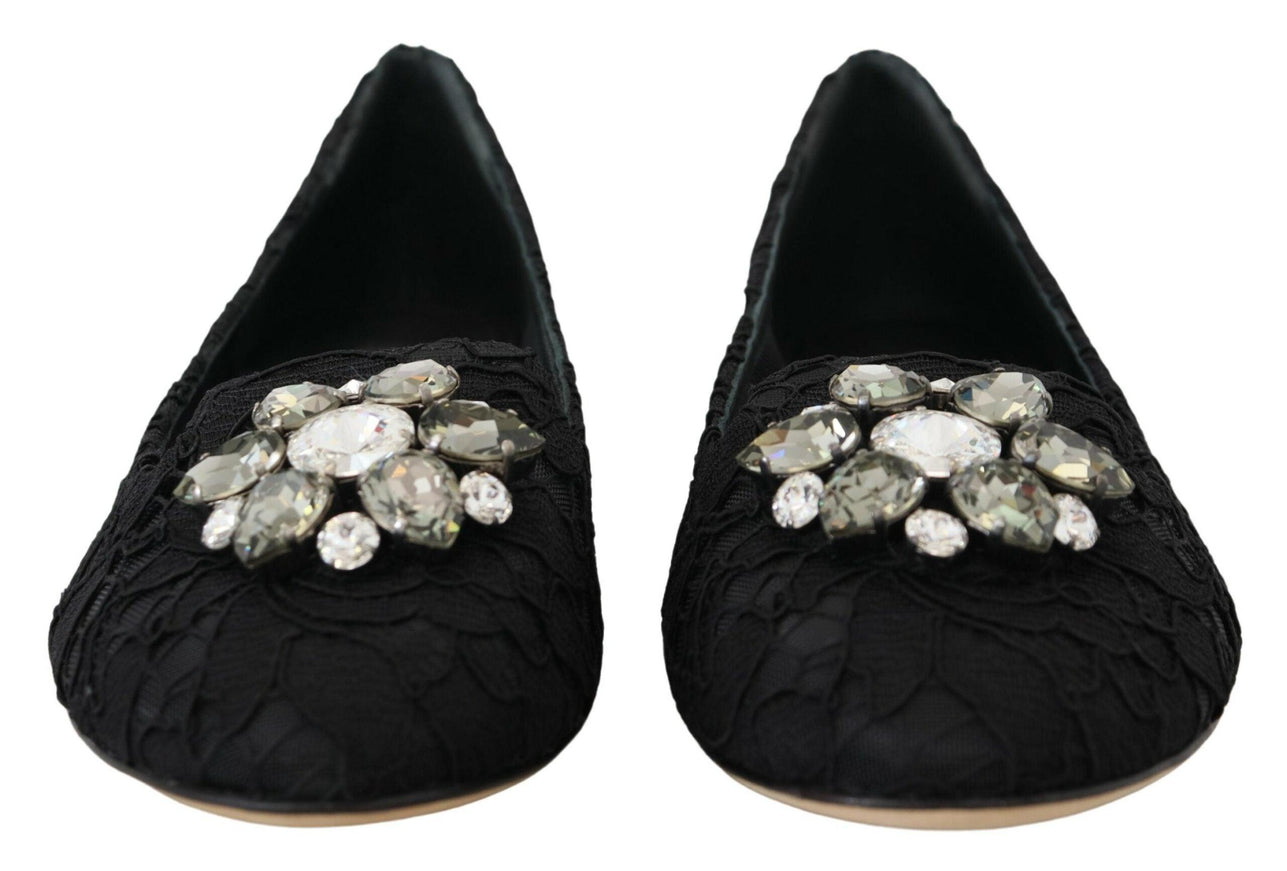 Dolce & Gabbana Black Taormina Lace Crystals Flats Shoes - Ellie Belle