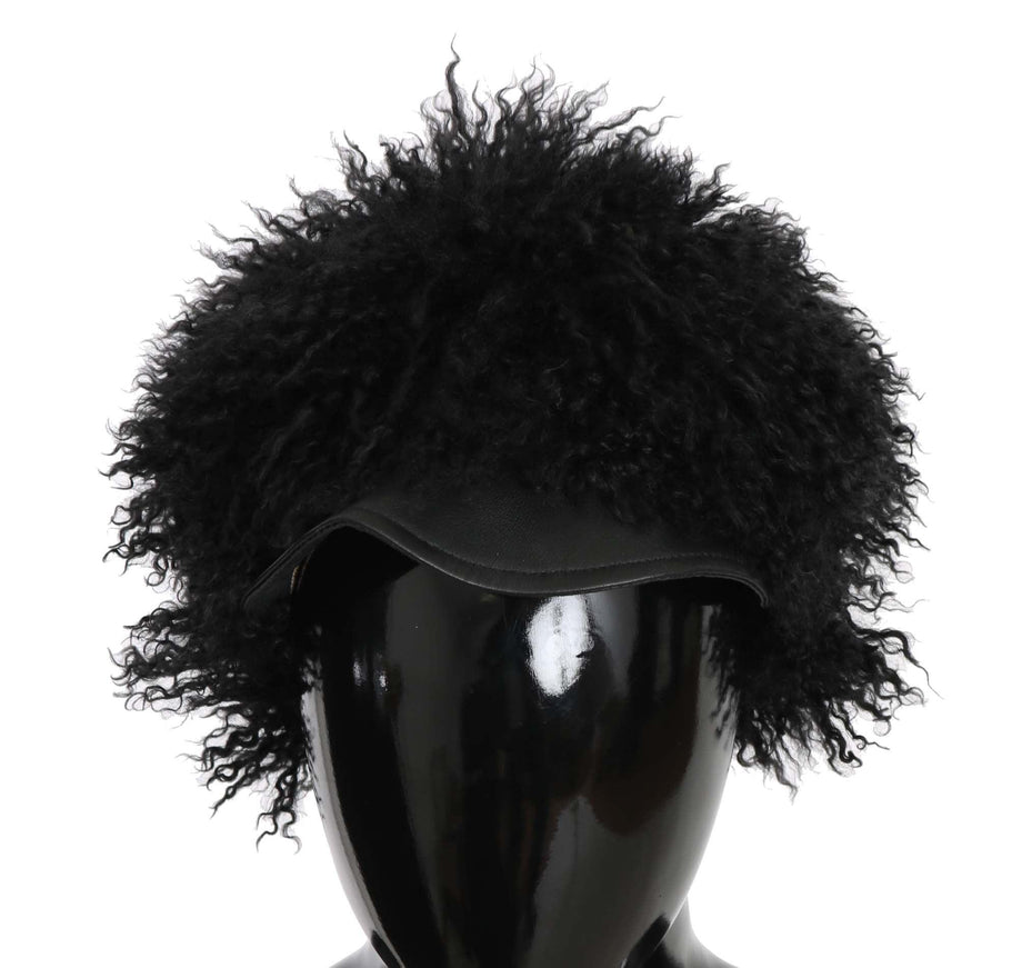 Dolce & Gabbana Black Tibet Lamb Fur Leather Gatsby Hat - Ellie Belle