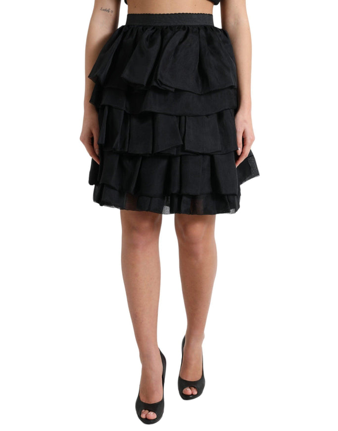 Dolce & Gabbana Black Tiered Aline High Waist Silk Mini Skirt - Ellie Belle