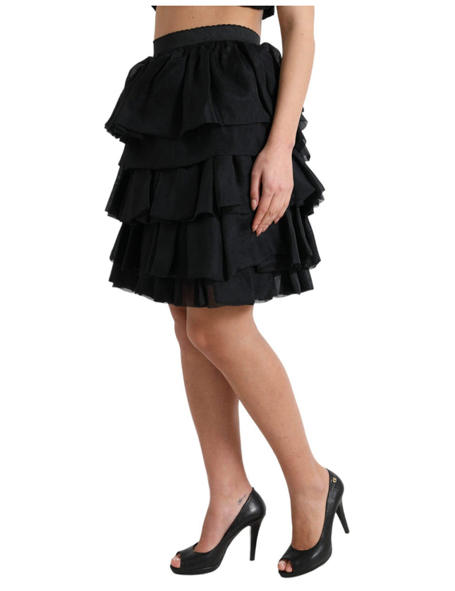 Dolce & Gabbana Black Tiered Aline High Waist Silk Mini Skirt - Ellie Belle