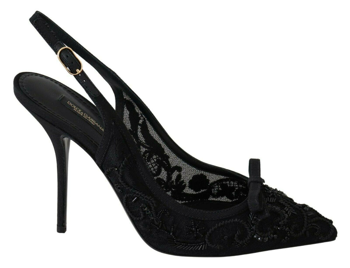 Dolce & Gabbana Black Tulle Ricamo Heels Slingback Shoes - Ellie Belle