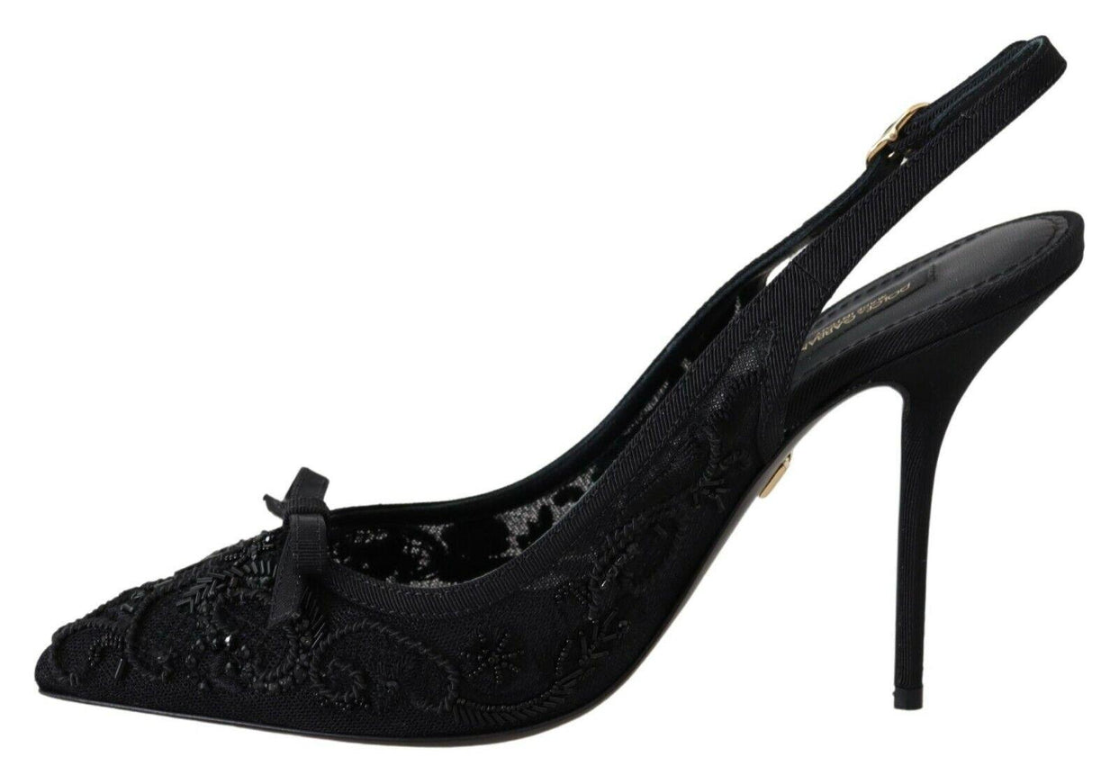 Dolce & Gabbana Black Tulle Ricamo Heels Slingback Shoes - Ellie Belle