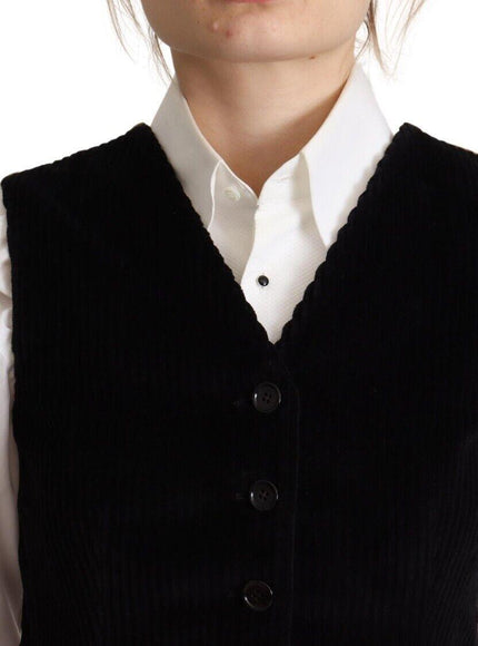 Dolce & Gabbana Black V-neck Leopard Corduroy Button Vest Top - Ellie Belle