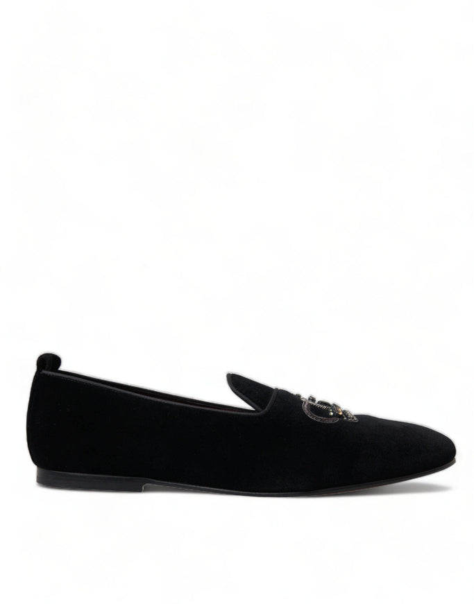 Dolce & Gabbana Black Velvet Crystal Crown Loafers Dress Shoes - Ellie Belle