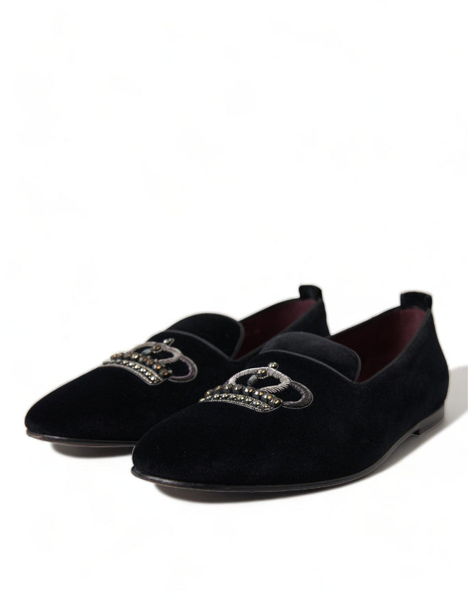 Dolce & Gabbana Black Velvet Crystal Crown Loafers Dress Shoes - Ellie Belle