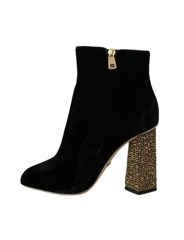 Dolce & Gabbana Black Velvet Crystal Square Heels Shoes - Ellie Belle